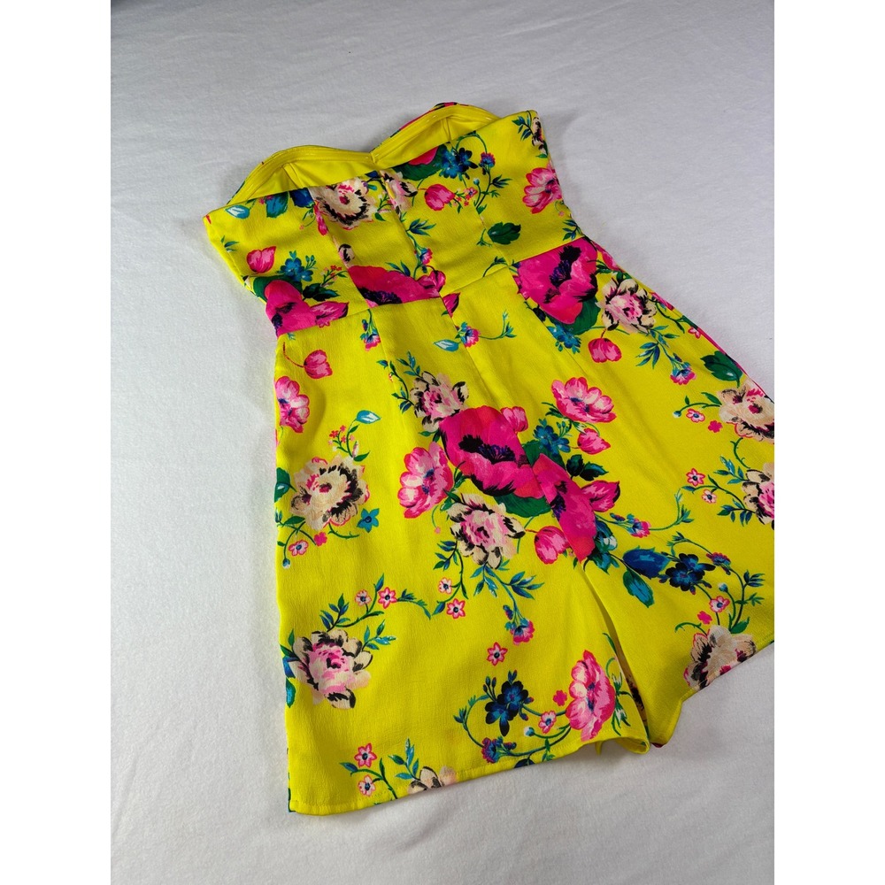 Express Bright Yellow Floral Strapless Romper Sweetheart Neckline Size 2 - Picture 3 of 13